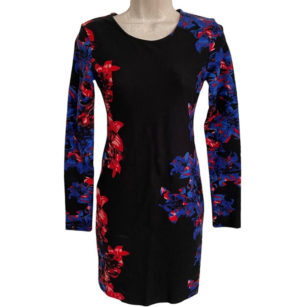 Parker black dress with blue and red floral design. Sized small.